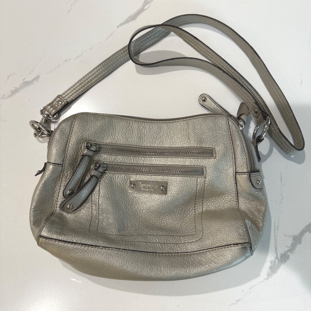 Tignanello Silver Metallic Leather Crossbody Shoulder Bag Purse Built in Wallet